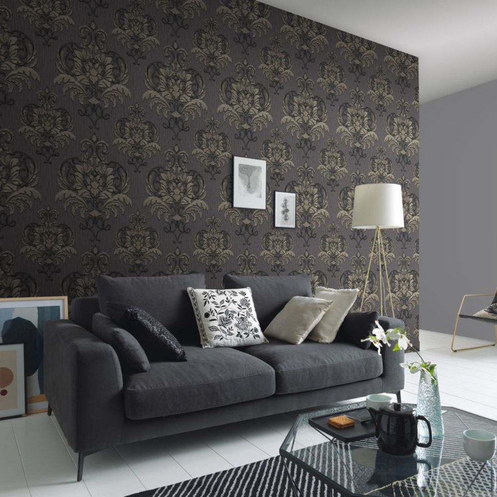 Spotlight Damask Black & Gold Vinyl Wallpaper 1010234 1010234